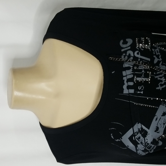 ADORE BLACK LS "MUSIC IS LIFE " EMBELLISHED BLOUSE SIZE SMALL - Picture 4 of 8